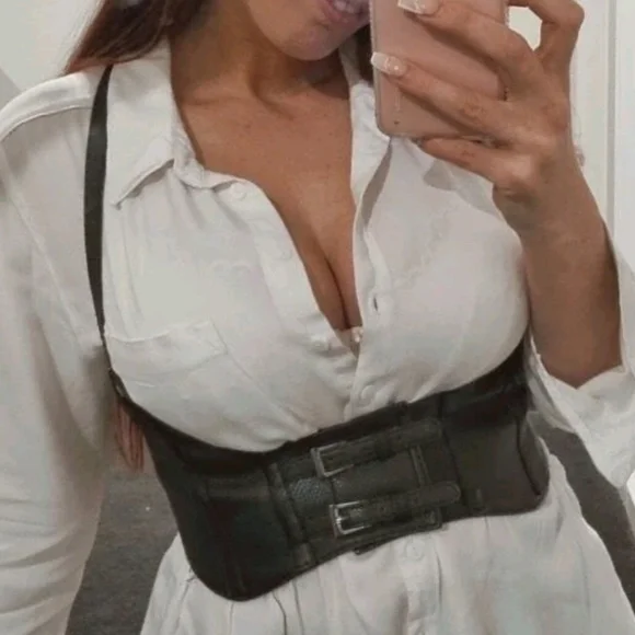 Womens Corset black vegan leather harness buckle suspenders steampunk waist belt - Picture 7 of 17